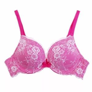 Hot Pink/White Lace Overlay Push Up Bra 34A